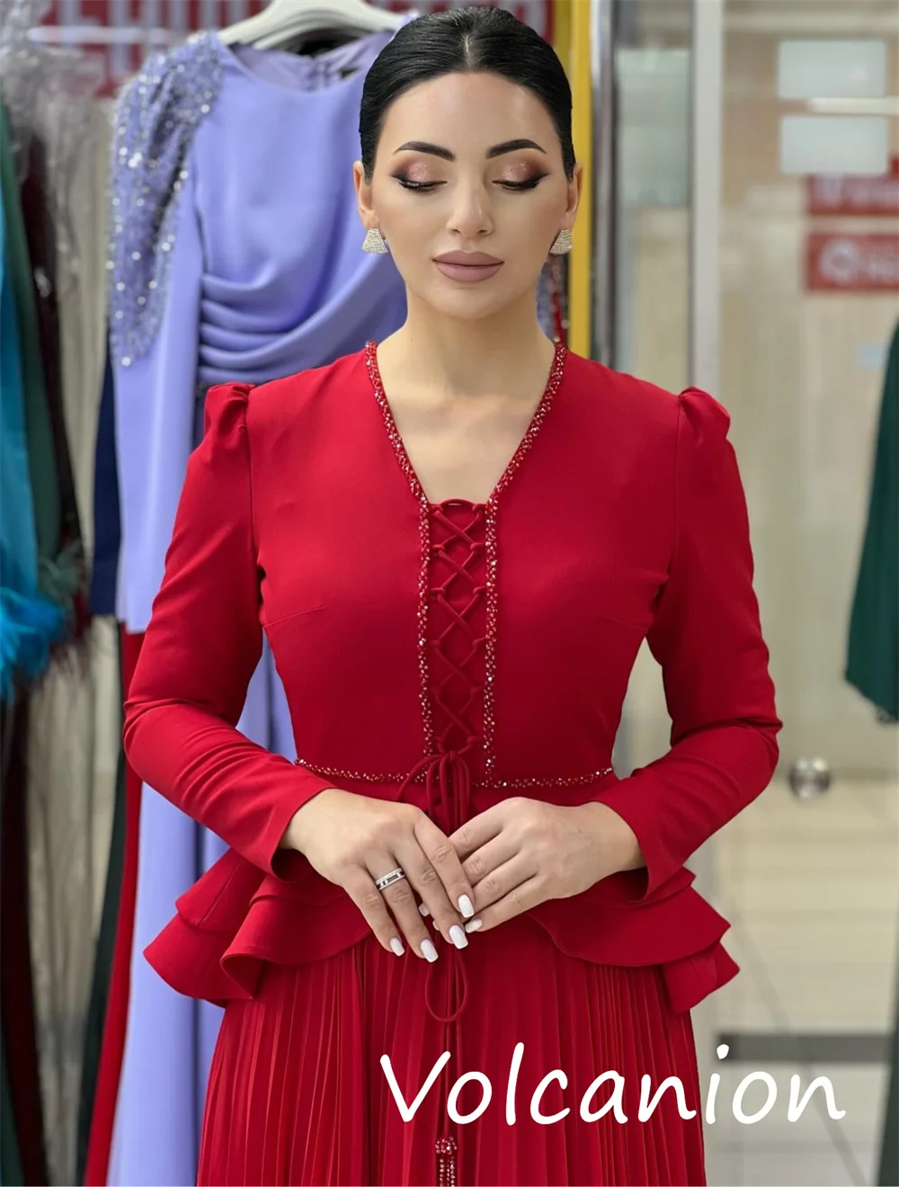 Personalizado estilo chinês camisa lantejoulas plissado a linha com decote em v vestidos longos sob medida ocasião clássico correspondência