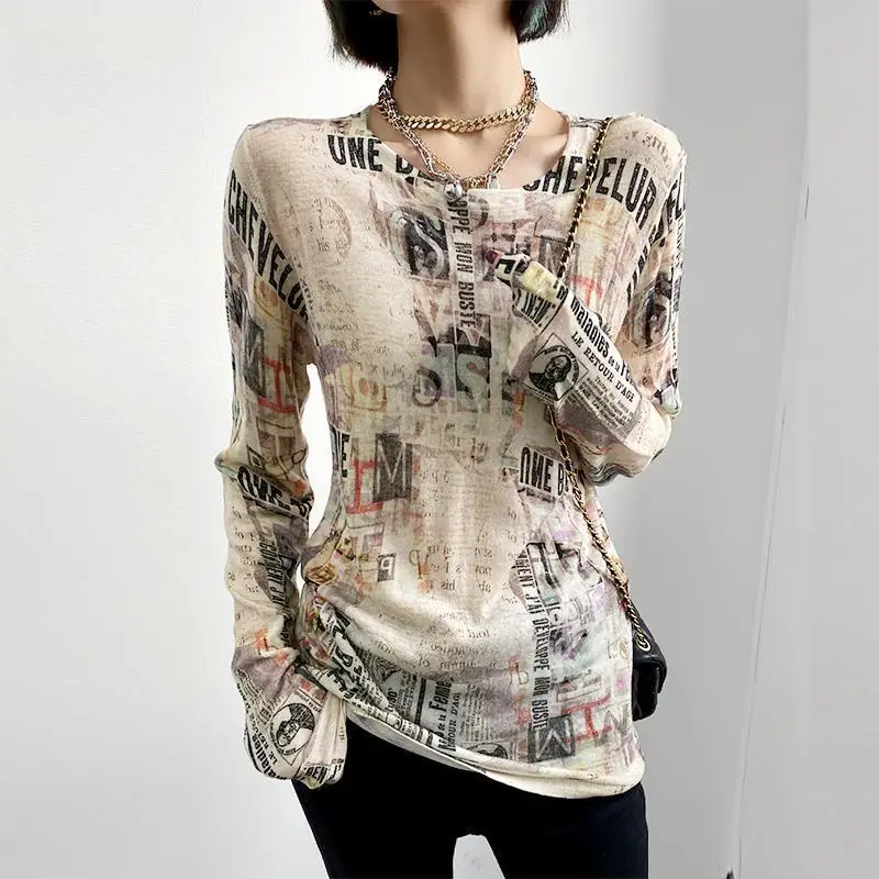 Korean Casual Letter Printed Thin T-shirt Women\'s Clothing Autumn Trendy Slim All-match Long Sleeve Pullovers Tops for Female