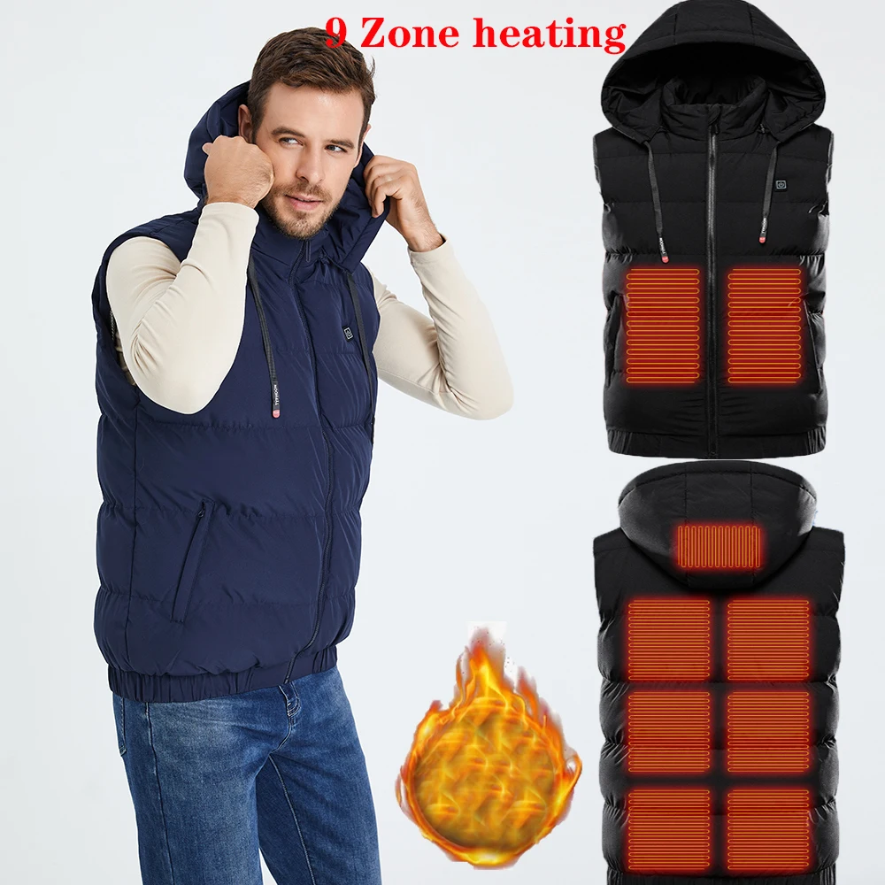 9 Areas Thickening Heated Vest Hooded Men/Women Outdoor Hunting Rapid Heating Winter Jackets Super Warm Heating Jackets