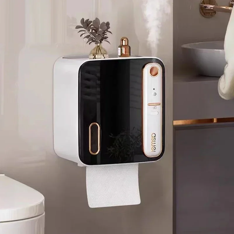 Wall Mounted Black Roll Paper Storage Rack Induction Aromatherapy Toilet Tissue Boxes Bathroom Accessories Smart Tissue Holder