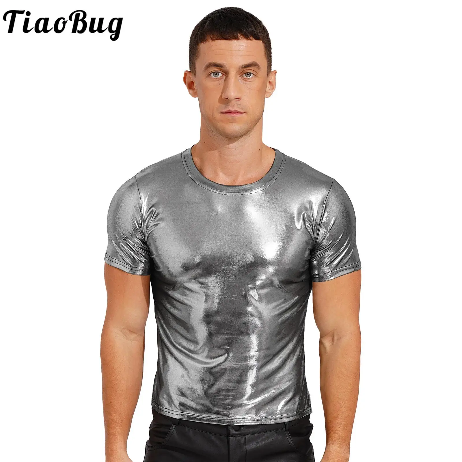 Nightclub Clothes Mens Shiny Metallic T-shirt Slim Fit Shirt Fashion Short Sleeve Tops For Dance Disco Party Club Stage Costume