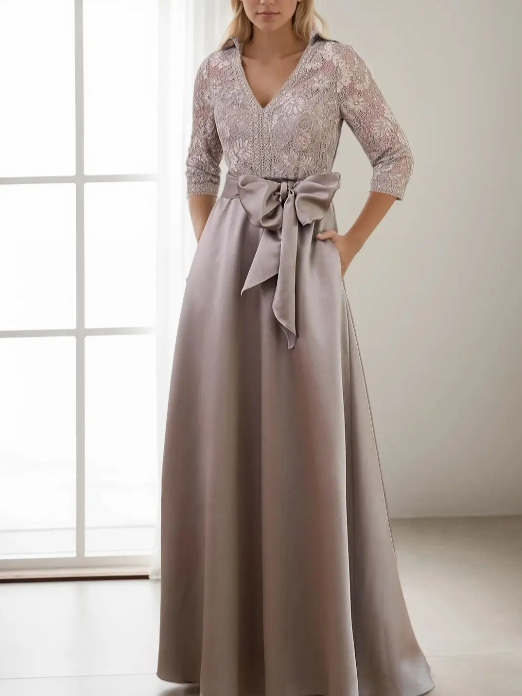 

Elegant Vintage A-Line Evening Dress Italy Satin Lace Floor Length Shirt Collar 3/4 Sleeve Bow Sequined 2025 free customized