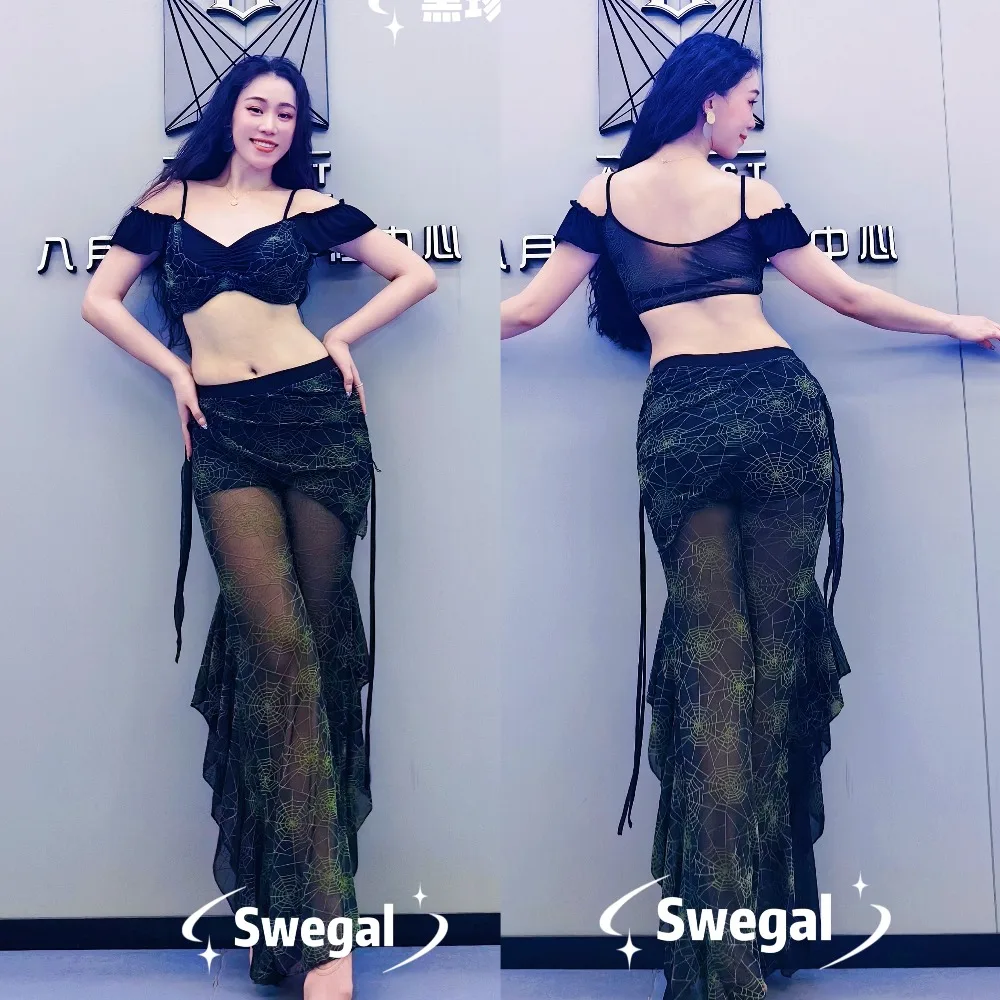 Customized Belly Dancewear Black and Green Spider Web Yarn Large Swing Pants Set with Insertable Pads Soft Bellydance Costume