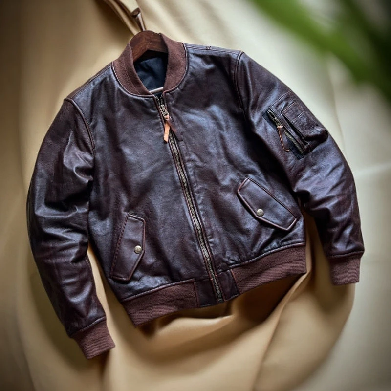 American Retro Deep Brown Genuine Leather MA1 Flight Jacket Handmade Tea Core Cowhide Washed Casual Fashion Urban Style