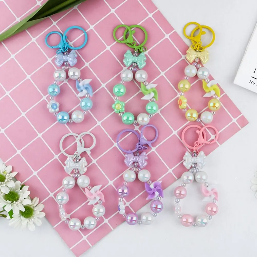 Simple Acrylic Burst Bead Chain Keyring Gradient Detachable Bowknot Pearl Pendant Colorful Bag Keychain Woman