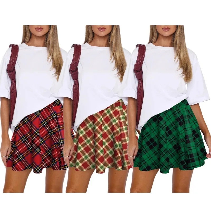 Women High Waist Plaid A‑Line Skirt Classic Tartan Print Flowy Flared Mini Skirt for Holiday Daily Wear