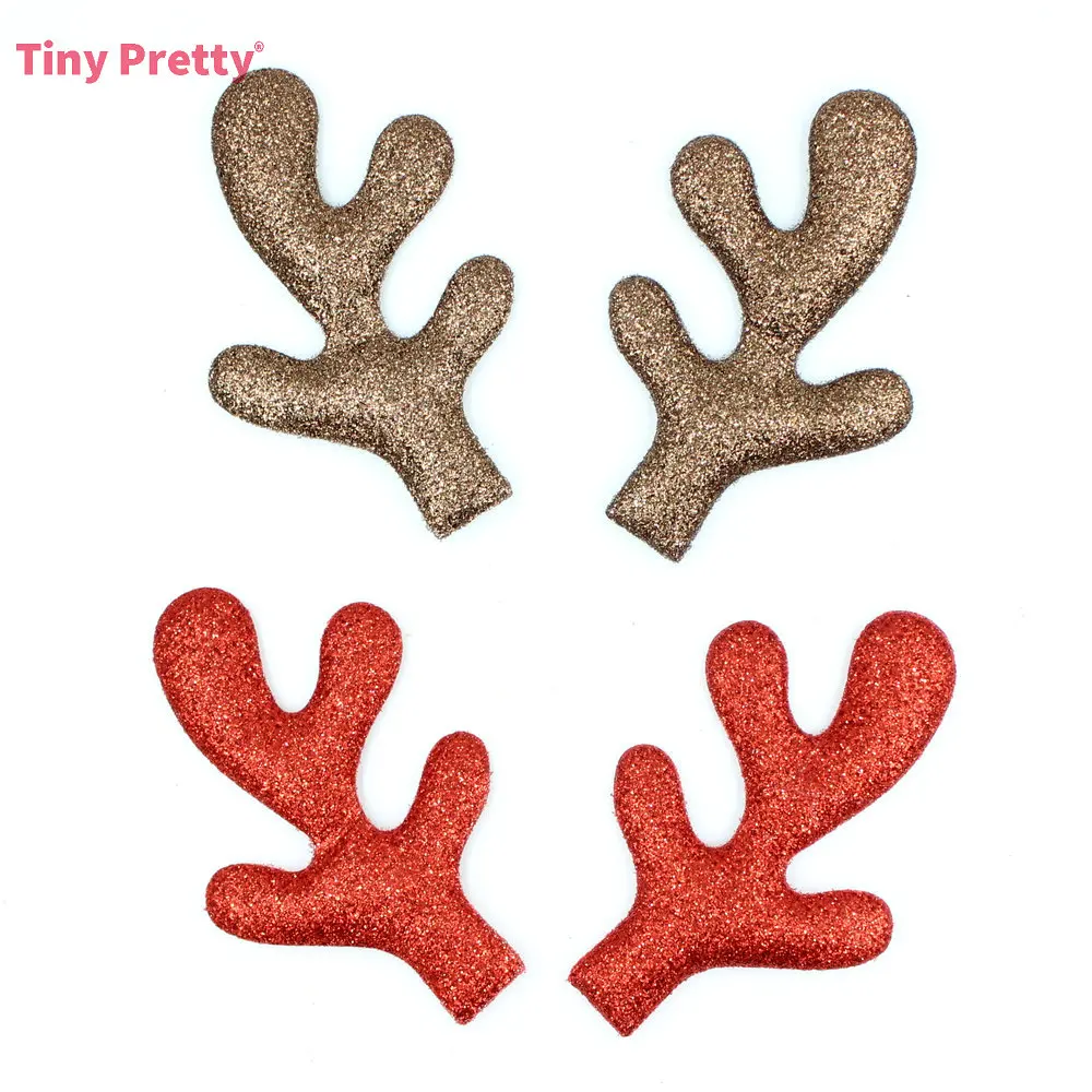 20PCS Glitter Padded Christmas Reindeer Antlers Fabric Sewn Brown, Red Color Deer Horn Appliques for Baby Headband, Party Decor