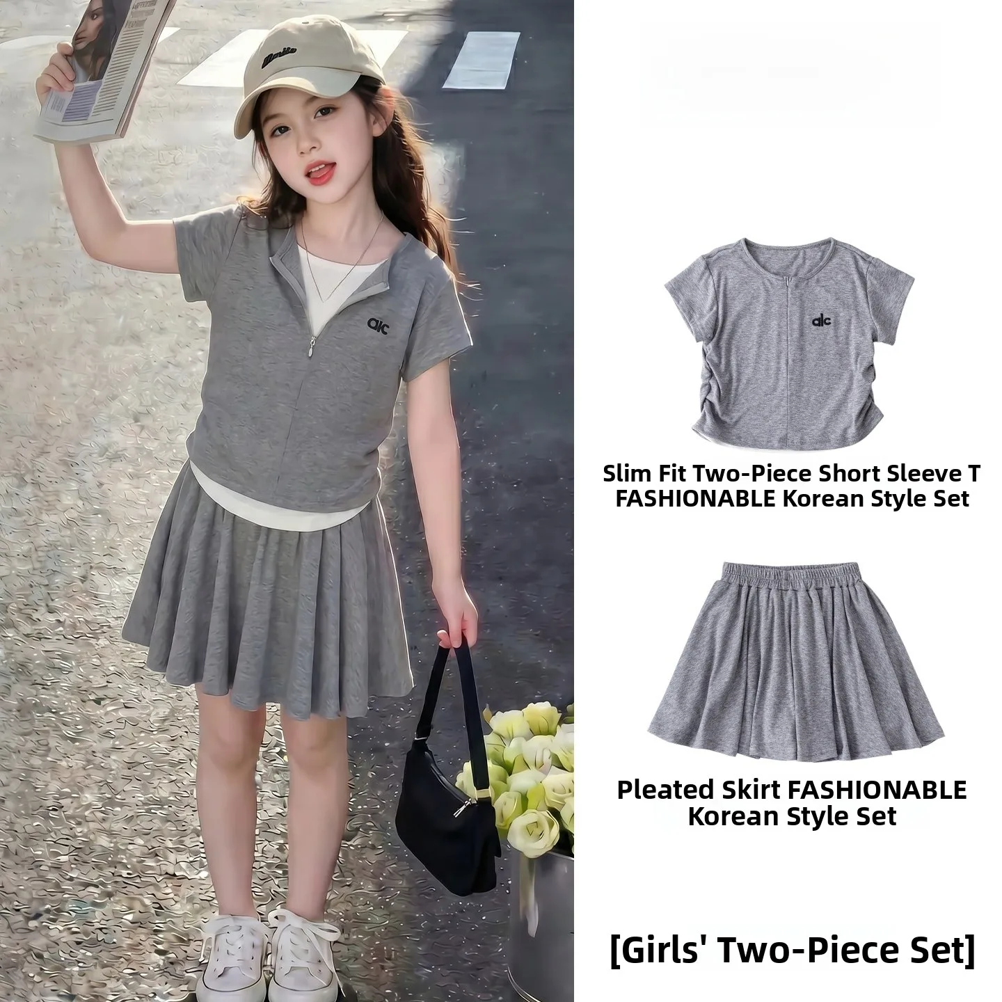 girls-summer-thin-short-sleeve-skirt-set-half-length-korean-style-two-piece-children's-clothing-breathable-comfortable-bear-b