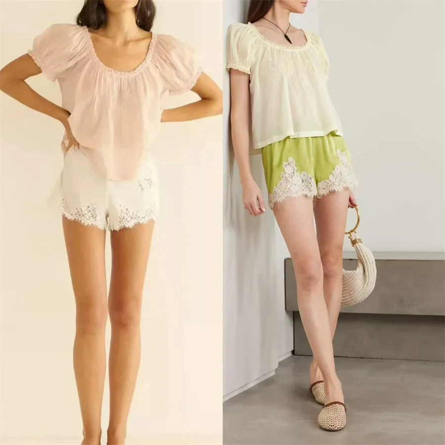 

Summer 2026 Korean Style Doll Top Cotton Bubble Sleeve round Neck Lace Trim Embroidery Short Sleeve Women's Fashion Shirt