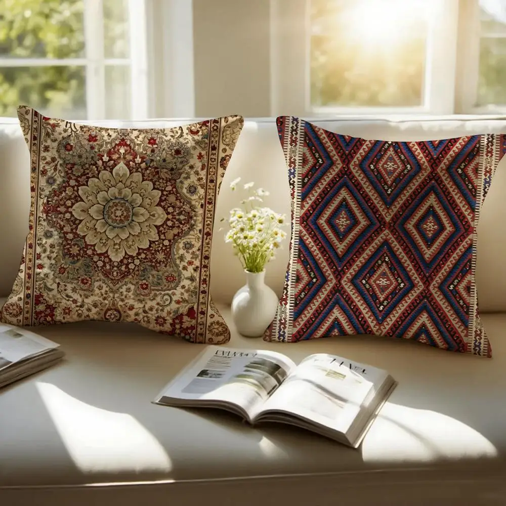 Vintage Navaho Turkish Kilim Pattern Art Cushion Cover Pillowcase Anti-dustmite Invisible Zipper Short Plush Sofa Cushion