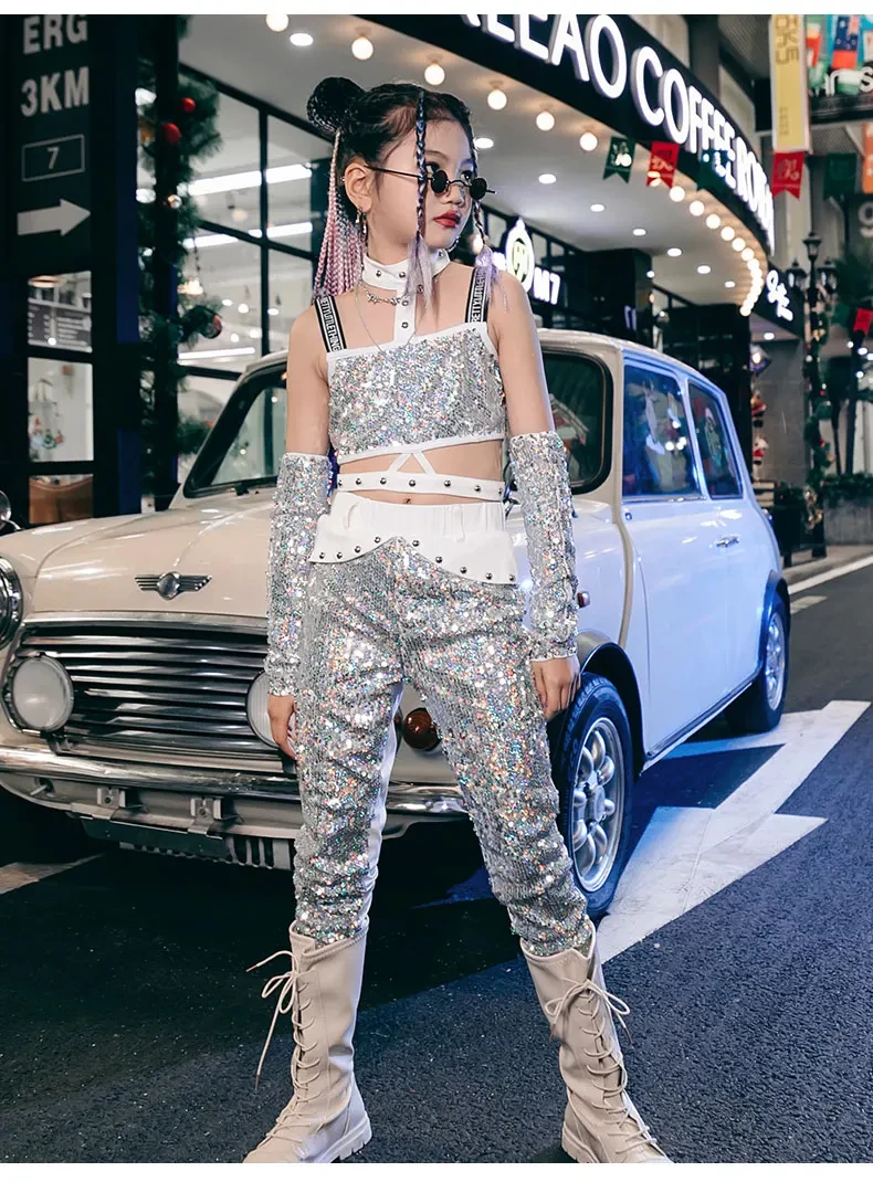 Street Dance Jazz Outfits Runway Performance Show Wear Girls Urban K-pop Stages Clothes White Silver Sequin Dress Suit