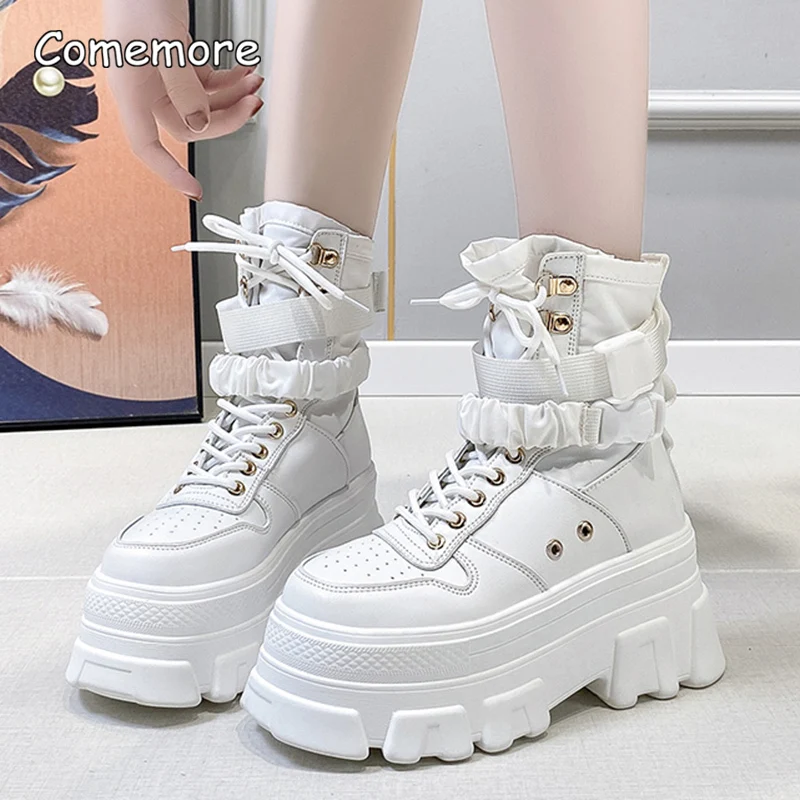 Fashion Women Autumn Winter Gothic Shoes Woman Thick Bottom Lace Up Ankle Punk Chunky Platform Motorcycle Boots Botas Mujer 34