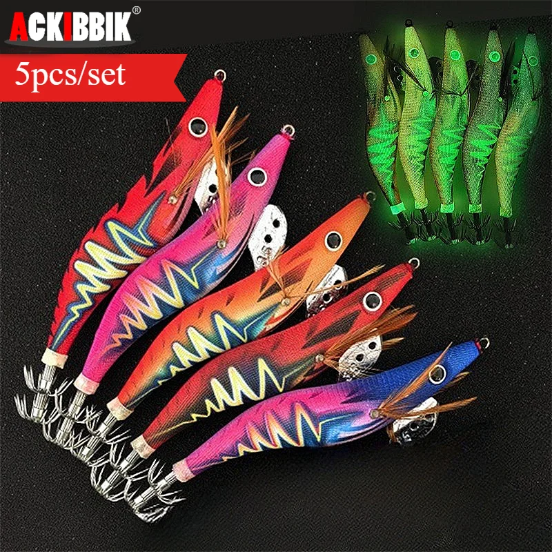 Ackibbik 5 unids/set 13,5 cm/21g Señuelos de Pesca de Camarones anzuelo de calamar luminoso señuelo de gambas cebo duro Artificial