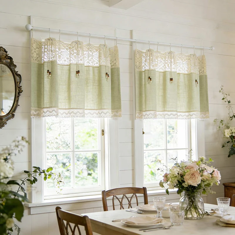 1PC Boho Style Hollow-out Crochet Lace Short Curtain Retro Green Imitation Linen Cafe Curtain Tie Top for Living Room Kitchen