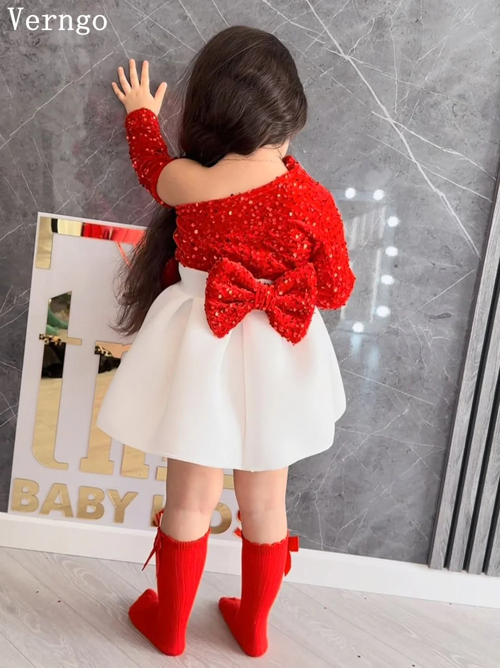 Verngo Red Sequined Girl Flower Dress Glitter A Line Ball Gowns Baby Birthday Party Dress Celebrity Bride Dresses Customized