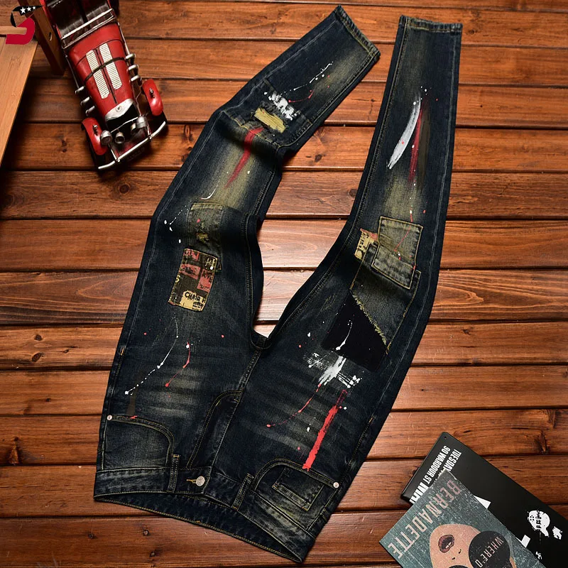 Jeans men's autumn and winter slim-fitting small straight elastic trend American patchwork retro denim nostalgic trousers