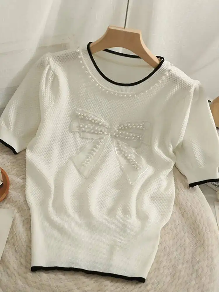 Korean Version Nail Bead Mesh Bow Round Neck Short Sleeve Top Women\'s 2025 New Waist Closing Thin Knitted T-shirt