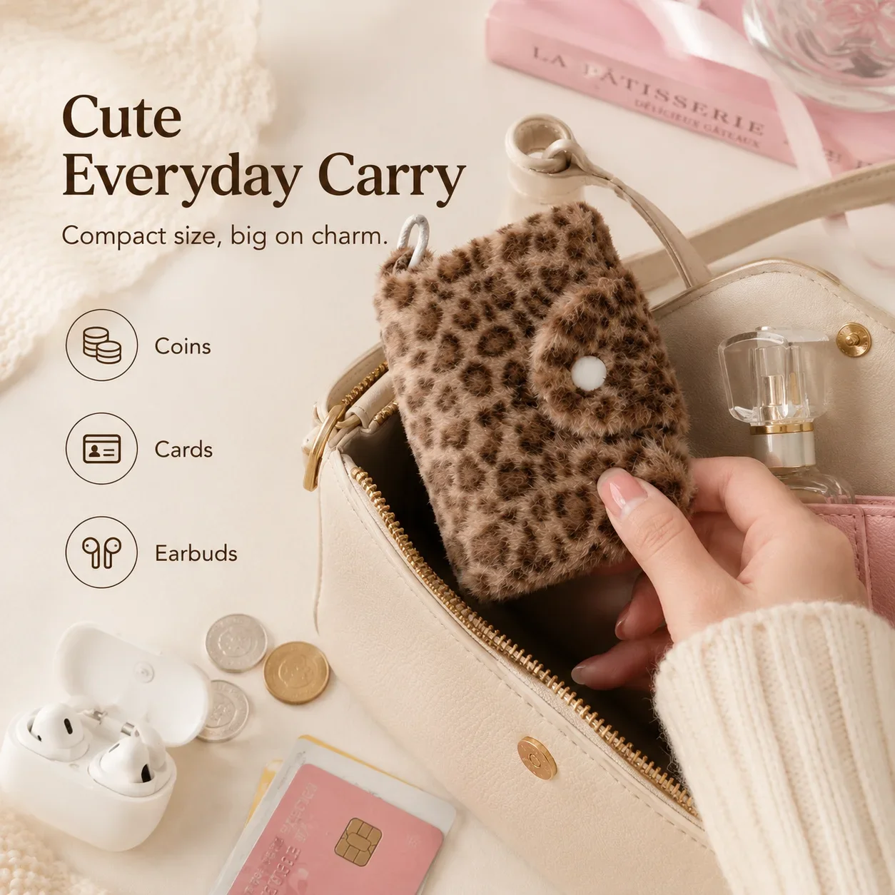 Winter Fluffy Leopard Coin & Card Bag Snap Fastener Girls Wallet Portable Earphone Pouch Keychain Accessory