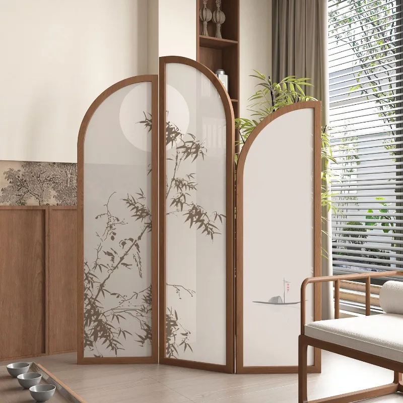New Chinese solid wood screen partition bedroom sofa baffle tea room folding mobile irregular bamboo curved folding screen