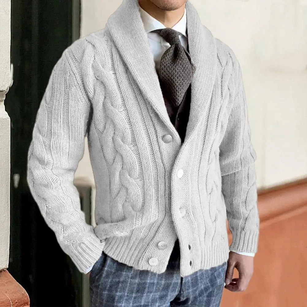 Men Knitted Cardigan Jacket Men's Lapel Long Sleeve Cardigan Sweater with Button Closure Casual Twist Texture Knit for Outerwear