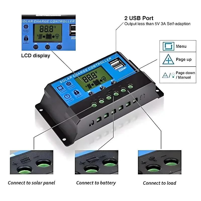 Solar Charge and Discharge Controller LCD Display Dual USB Automatic Solar Panel Charger Regulator 5V-24V Voltage Regulator