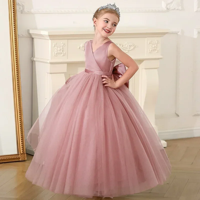 Big Bow Girls Bridesmaids Long Dress Wedding Party Pageant Princess Dresses First Communiom Birthday Ball Formal Gown 5-14 Yrs