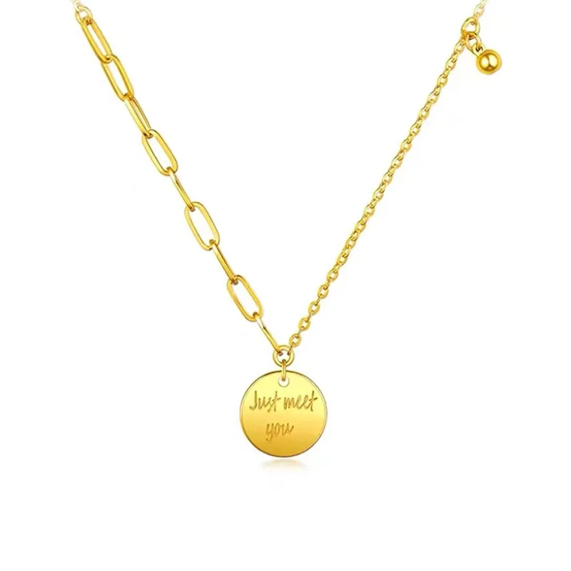 النمط الأوروبي والأمريكي 9999 24K الذهب الحقيقي قلادة مستديرة رسائل قلادة مستديرة تيشيرت صيفي سلسلة مجوهرات