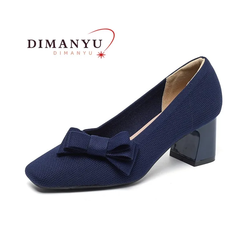 

Dimanyu Women's Dress Shoes Knit 2025 New Square Toe High Heels Ladies Bow Large Size Fashion Shoes Women