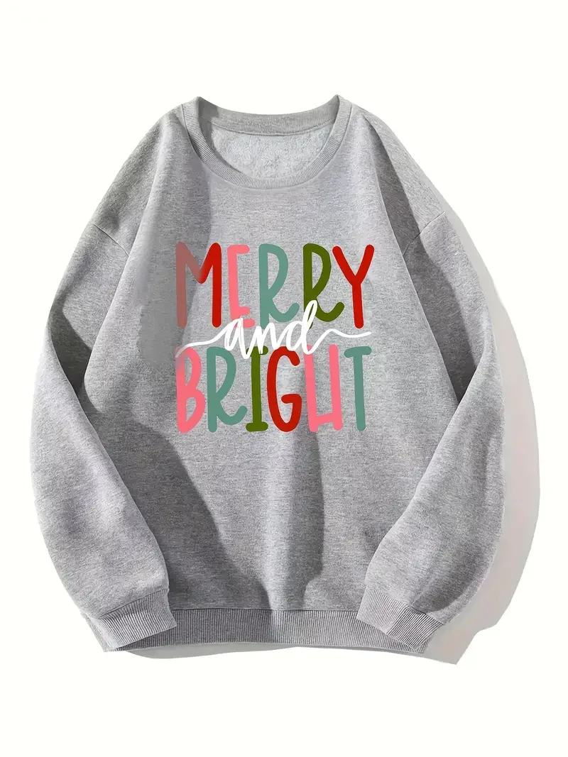 

Merry And Bright Letter Pattern Fashion Long Sleeve Sweatshirts, Women's Casual Round Neck Pullover Sweatshirt Top