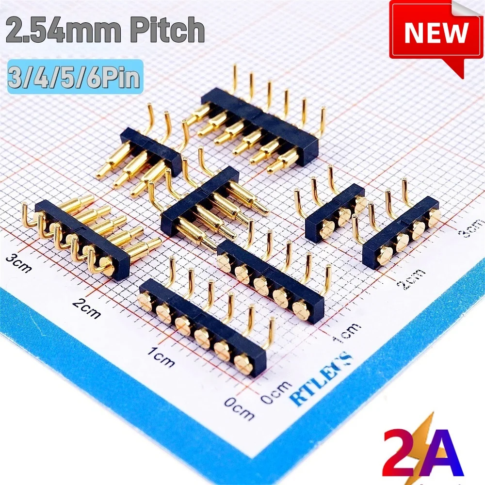 2/5 Pcs Spring Loaded Connector Pogo Pin Male 3 4 5 6 Position 2.54 Pitch Female Right Angle Through Holes Height 8.8 MM Gold 2A