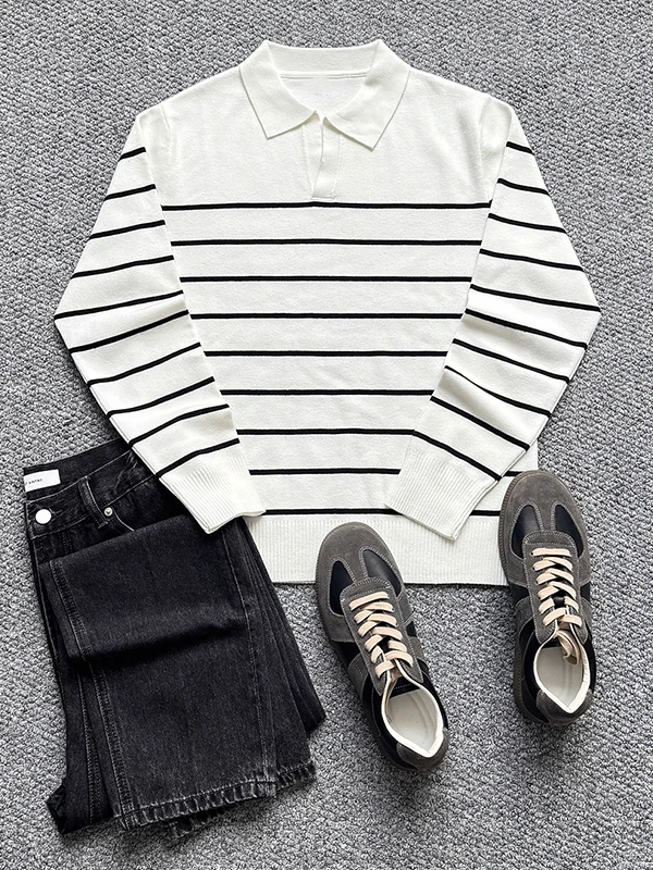 

Мужской вязаный свитер с воротником в полоску на осень-зиму, мягкий, длинный, повседневный, универсальный базовый слой одежды