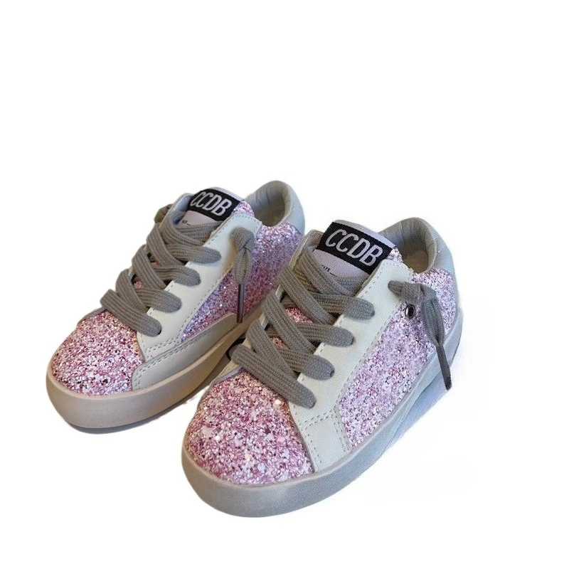 

Children's Girls Pink Sequin Dirty Sneakers Small Medium Large Kids Toddler Lace-up Flat Single Shoes Small Dirty Shoes