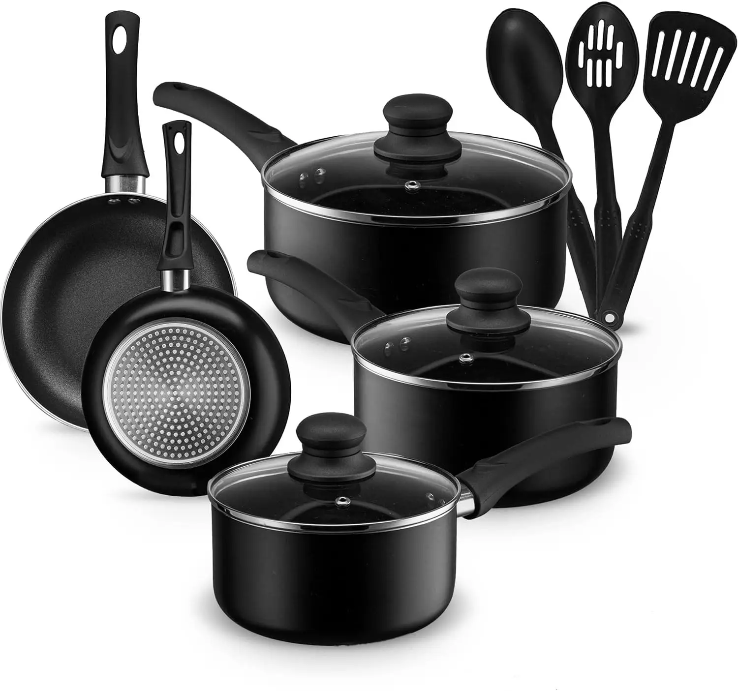 

Pots and Pans Set, Aluminum Nonstick Cookware Set, Fry Pans, Casserole with Lid, Sauce Pan, and Utensils, 11 Piece Cooking Set (