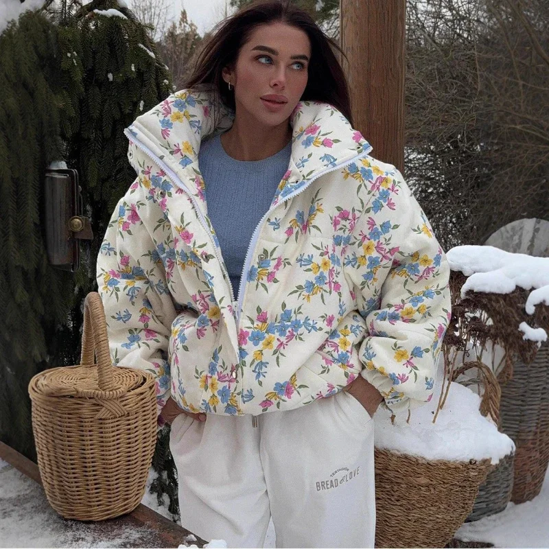 Printed Stand-Up Collar Zipper Padded Coat Women's Fashion Long Sleeve Pocket Loose Padded Jacket Winter New Casual Wear