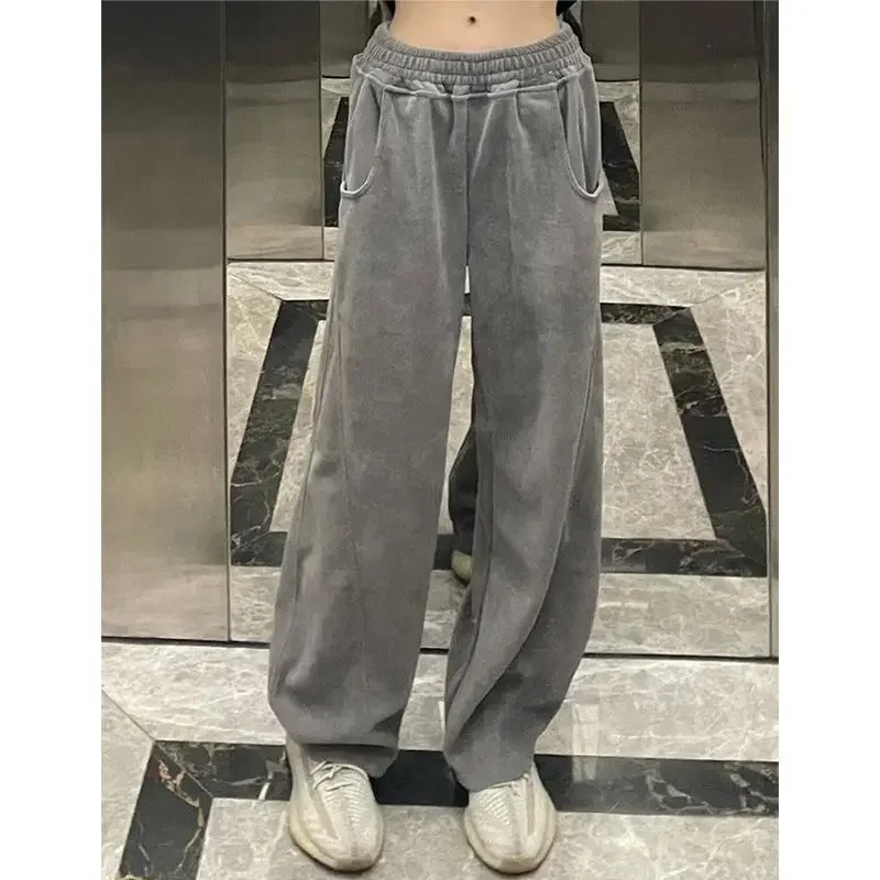 ديبتاون خمر الخريف عادية Sweatpants النساء الرياضة الكورية نمط بنطال ذو قصة أرجل واسعة مكتب سيدة عالية الخصر مستقيم سميكة بنطلون