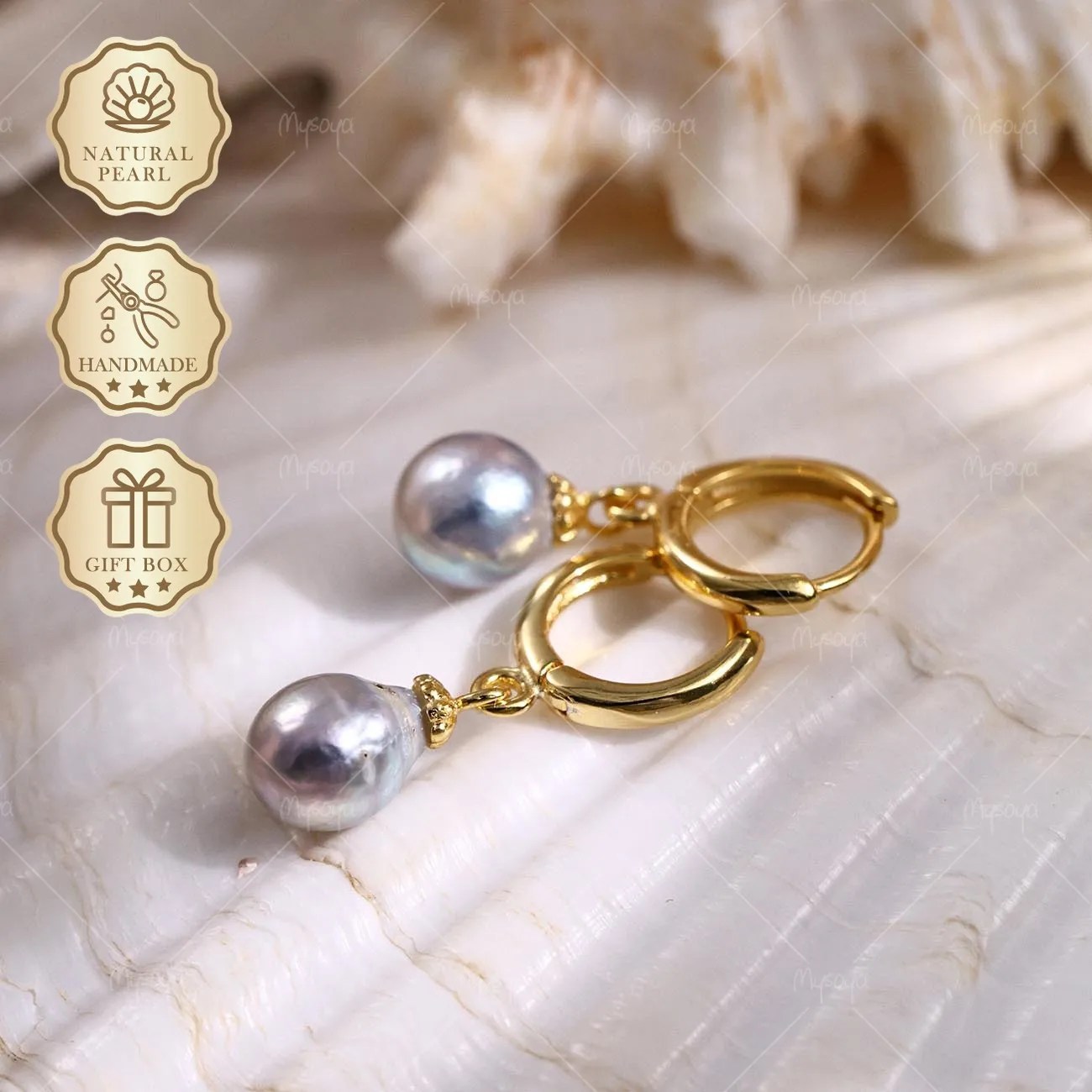 

Серьги Mysoya Japan с жемчугом Акойя, серые, барочные, круглые, 6,5-7 мм, золотистые, S925, подарочная коробка, подарок на День святого Валентина, день рождения для нее