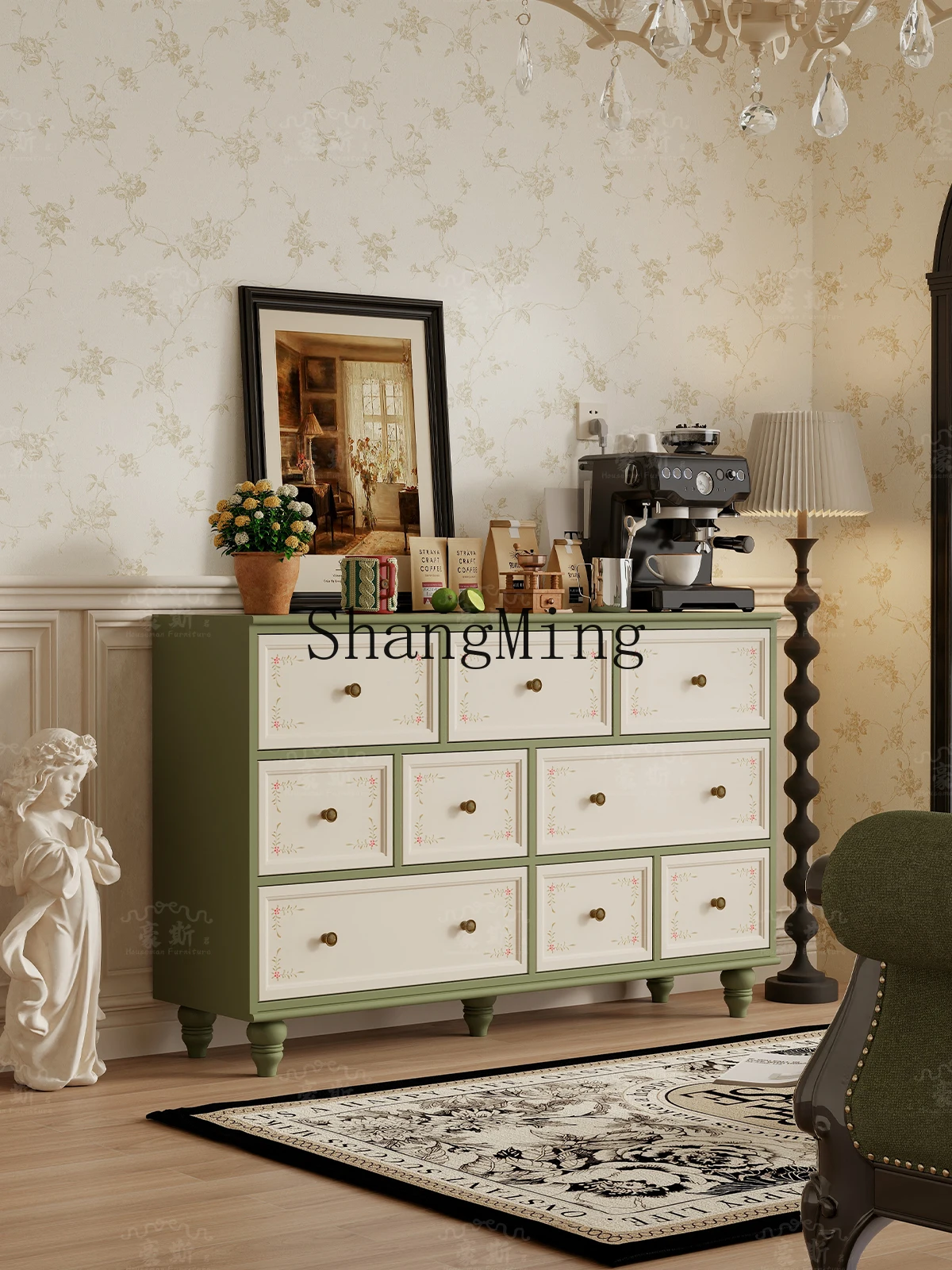 

CL Country Entryway Cabinet Painted Green Nine-Drawer Storage Cabinet Pastoral Style Bedside Storage Cabinet