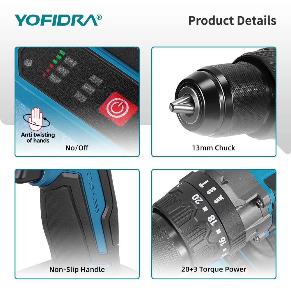 YOFIDRA 900N.M 13MM Bürstenlosen Elektrischen Schlagbohrmaschine 20 + 3 Drehmoment Handheld Bohren Schraubendreher Power Tool Für Makita Batterie pin – Detail 6