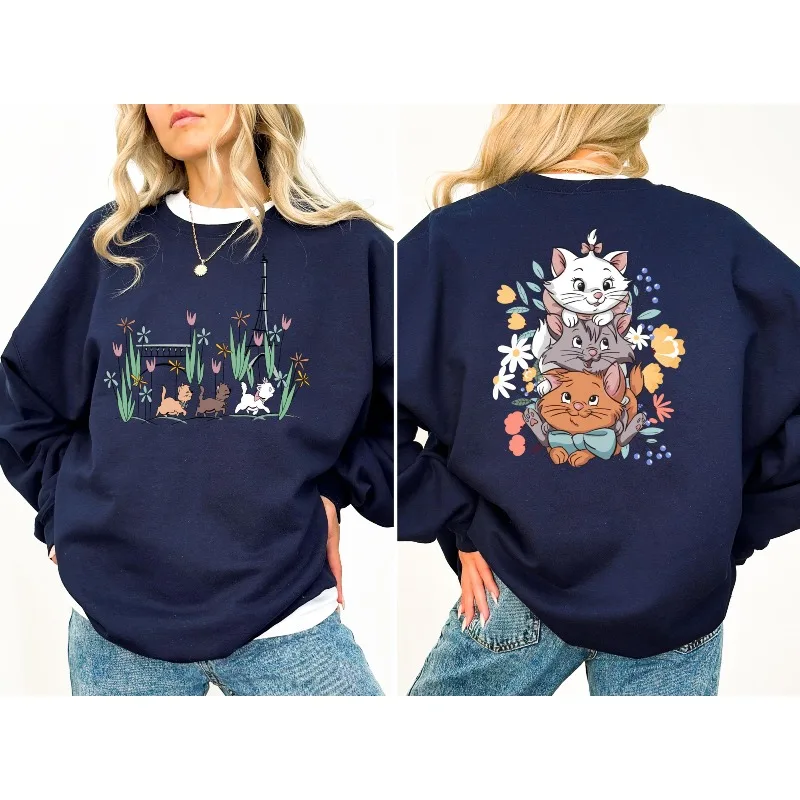 سويت شيرت قطط ديزني الأزهار، سويت شيرت ديزني أريستو كات، سويت شيرت لطيف للقطط، سويت شيرت ديزني كاتس باريس
