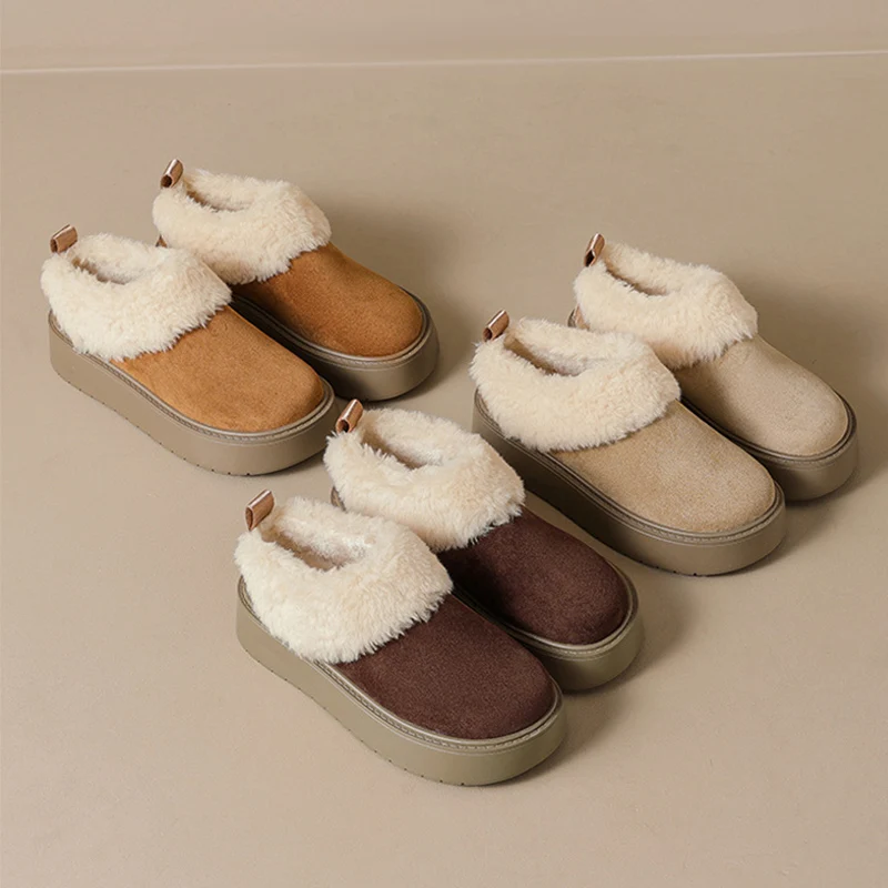 Winter Fur Shoes Women Snow Boots Warm Plush Flat Non-slip Fashion Brand Ladies Ankle Boots Thick Sole 3cm Plus Size 42 D761