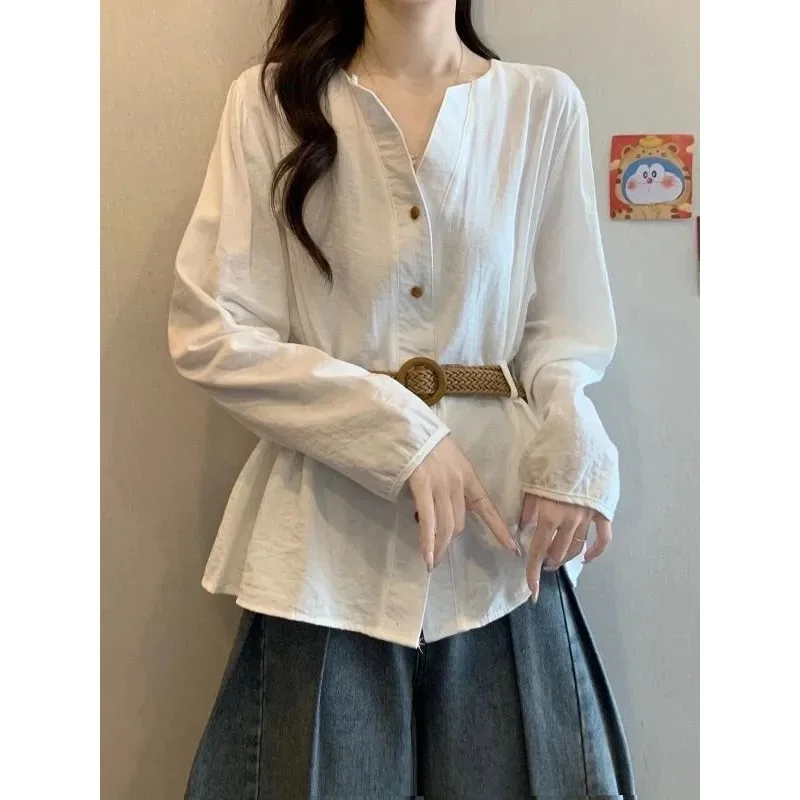 French Style Light Blue Long-sleeved Shirt for Women Autumn New Versatile Waist Top
