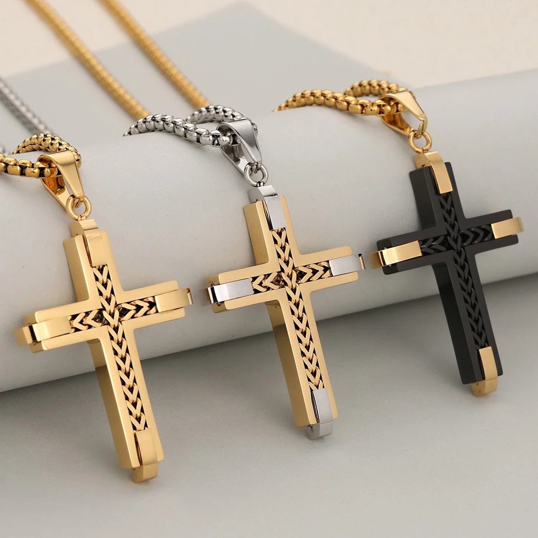 Braided Texture Cross Pendant Necklace Gold Silver Black Stainless Steel Waterproof Hip Hop Prayer Christian Religious Jewelry