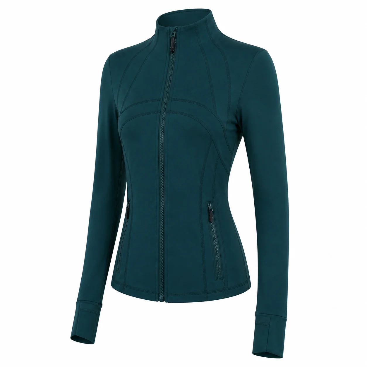 Women's Dark Teal Slim Fit Athletic Jacket Full Zip Stand Collar Thumbhole Sleeves Zipper Pockets for Yoga Running