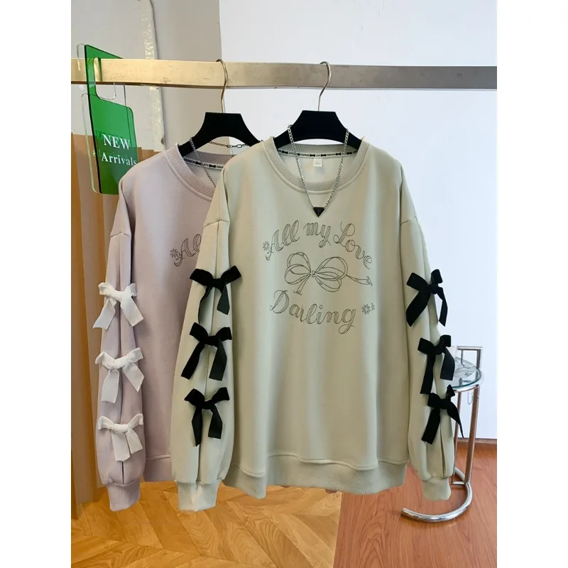 2025 Early Spring New Korean Style 3D Bow Round Neck Printed Long Sleeve Loose Versatile Sweet Chic Ins Sweatshirt