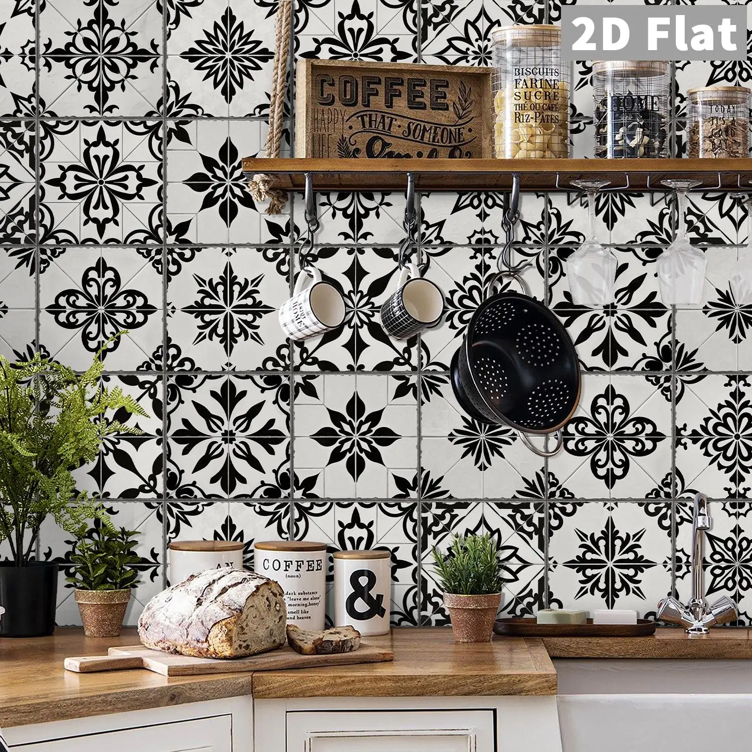 

Black and white retro flower tiles, ceramic tiles, kitchen, bathroom, living room background wall decoration stickers