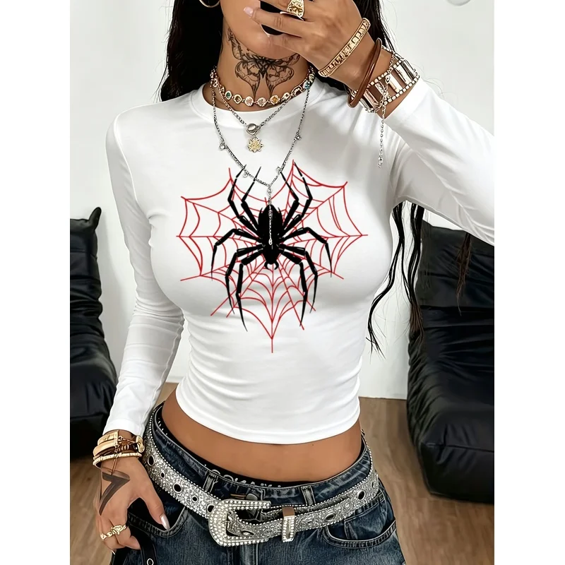 Women's vintage dark Gothic long-sleeve top featuring a spiderweb and spider print; suitable for layering or wearing alone.