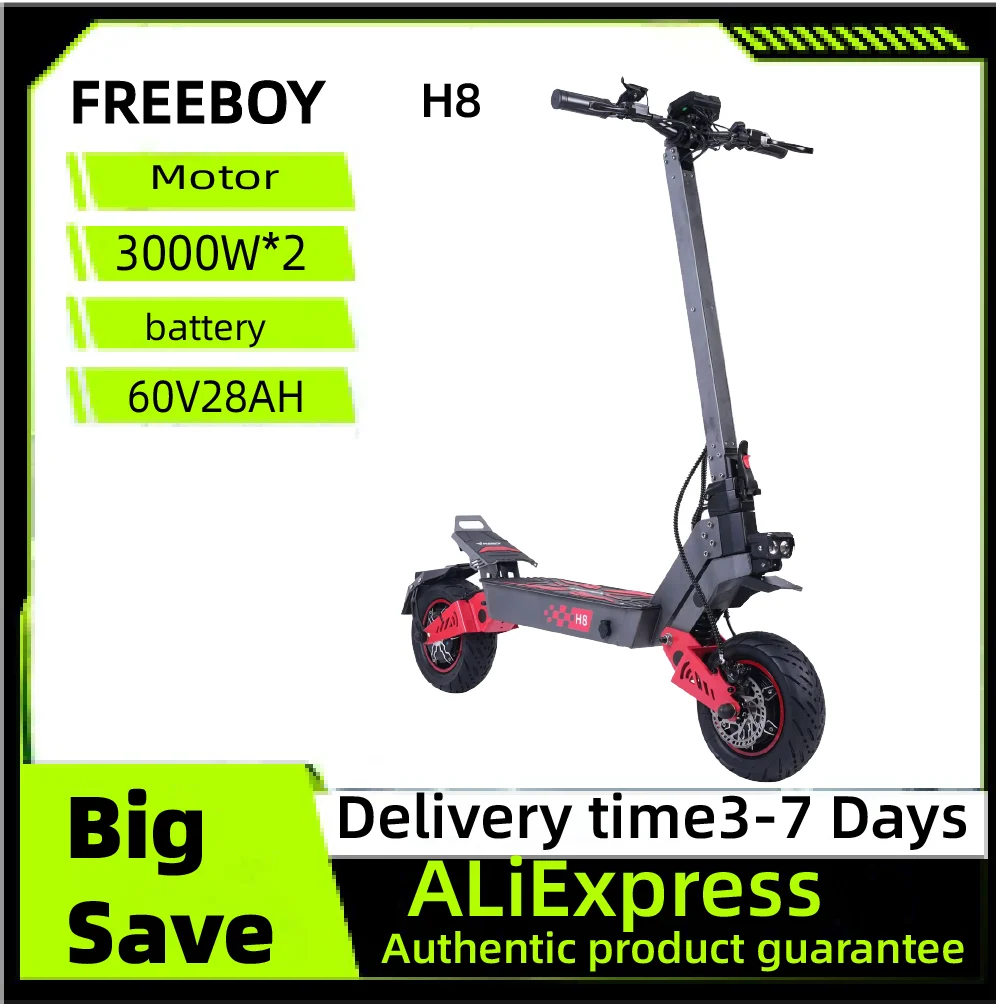 

Электросамокат FREEBOY H8 60V 28AH складной, для взрослых, с двумя моторами 3000W, с широкими шинами 11 дюймов, электрический горный самокат