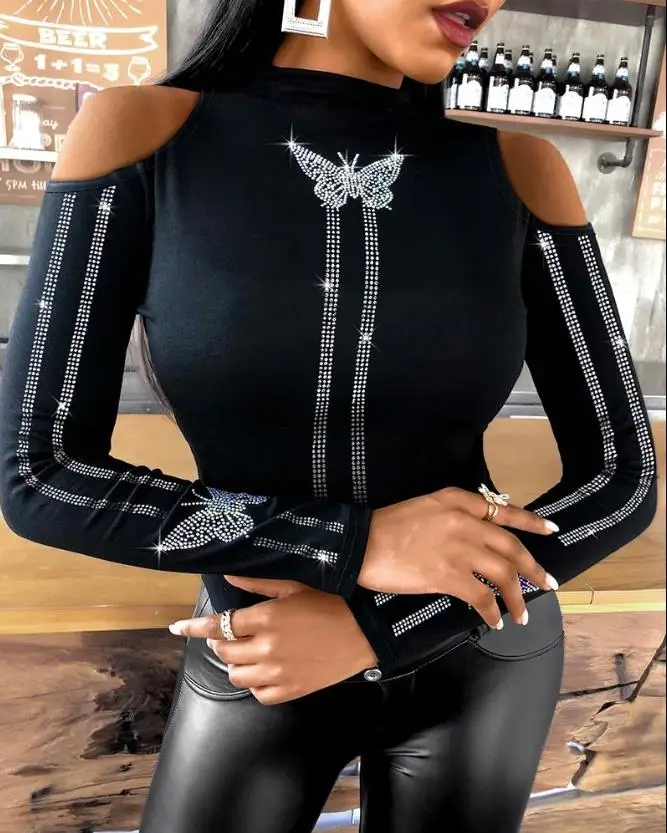 Cold shoulder butterfly pattern rhinestone women's top fashionable and casual 2025 autumn and winter new women's clothing