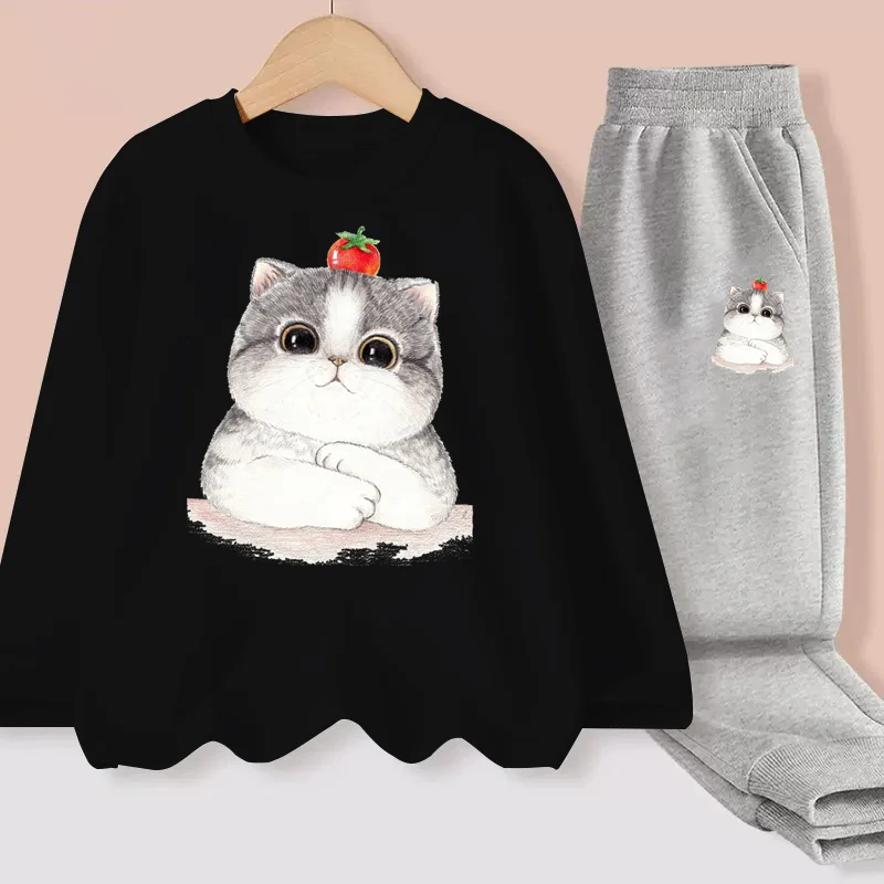 

Aimi Lakana Girls Fashion Suit Long Sleeve Cotton T-shirt Kitty Cat Cartoon Clothing Girls 2-Piece Sets Tops +Pants 3-14T