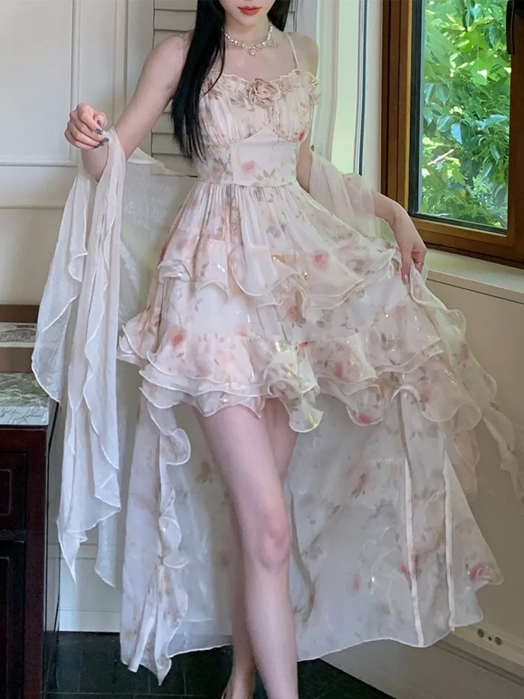 

2025 Sweet 3D Rose Printed Slim Waist Chiffon Camisole Dress for Women+ Y2k Long Sleeve Loose Cardigan Tops Two Piece Sets